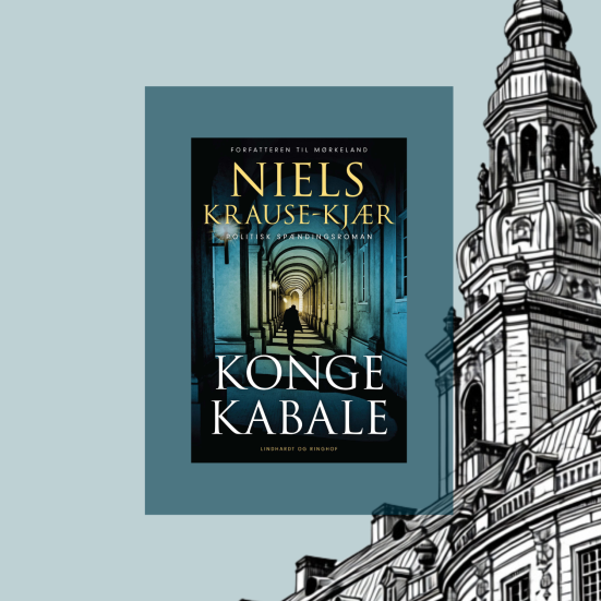 Forside af den politiske spændingsroman Kongekabale med stregtegning af Christiansborg i baggrunden.