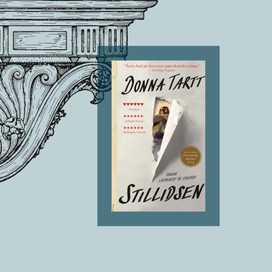 Forside på bogen ‘Stillidsen’ af Donna Tartt, vist på en lys baggrund med illustrationer af en renæssancesølje som symbol på kunsten.